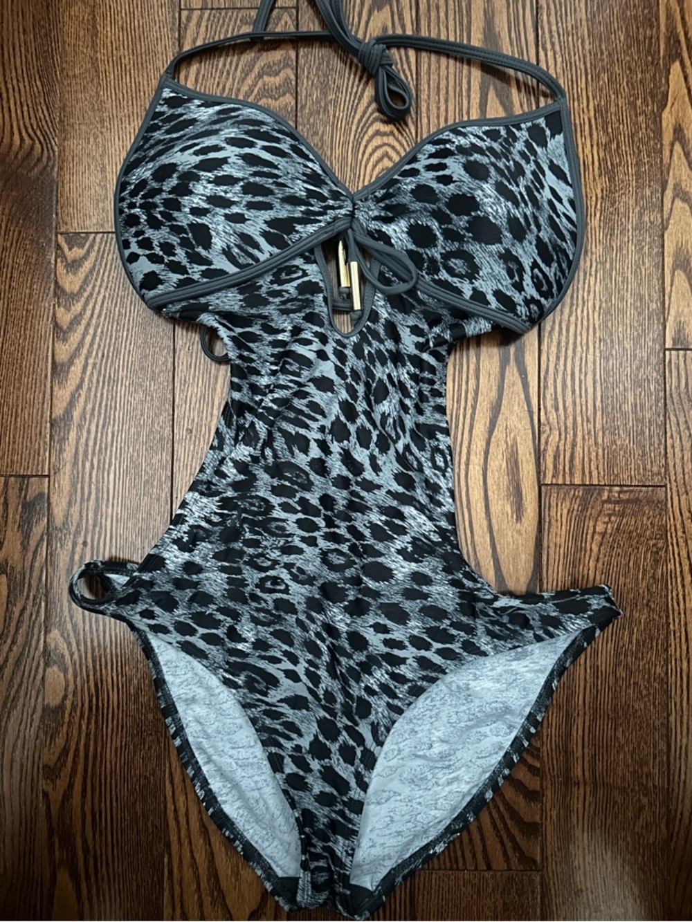 Black and Gray Animal-Print One-Piece Swimsuit with Halter Tie